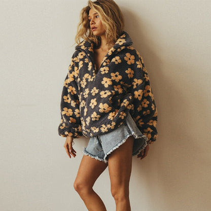 Oversized Floral Teddy Fleece Half Zip Sweatshirt