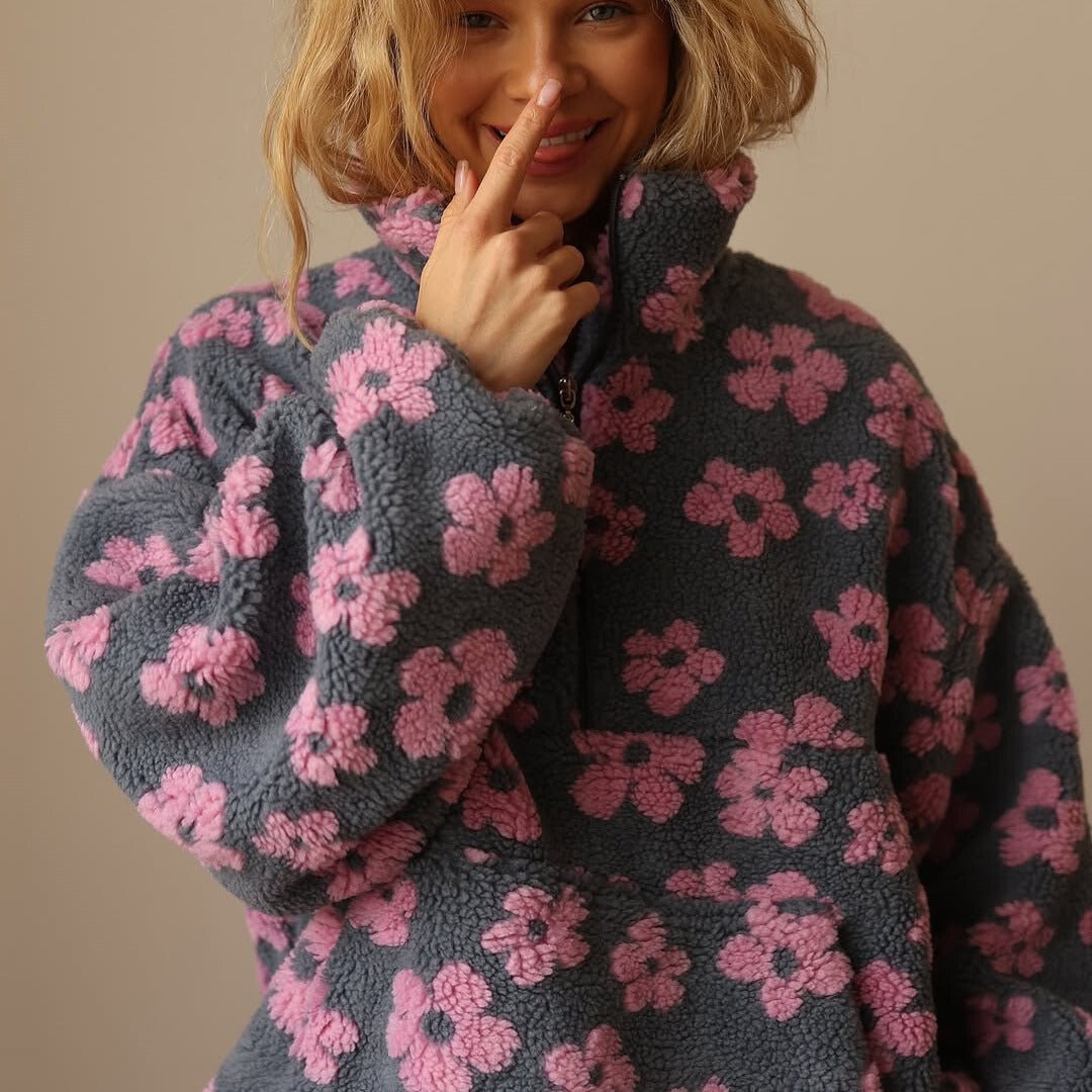 Oversized Floral Teddy Fleece Half Zip Sweatshirt