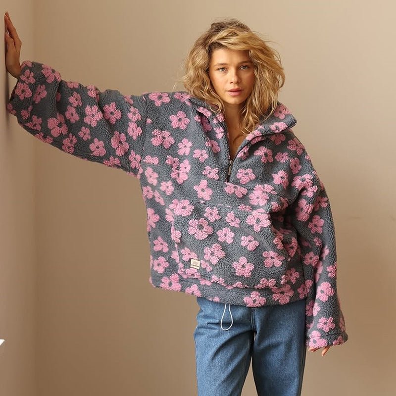 Oversized Floral Teddy Fleece Half Zip Sweatshirt