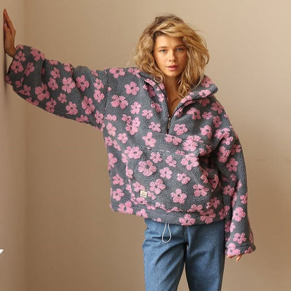 Oversized Floral Teddy Fleece Half Zip Sweatshirt