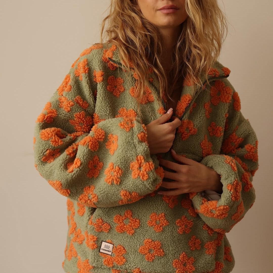 Oversized Floral Teddy Fleece Half Zip Sweatshirt