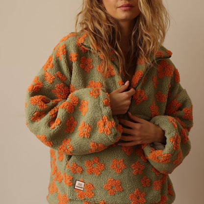 Oversized Floral Teddy Fleece Half Zip Sweatshirt