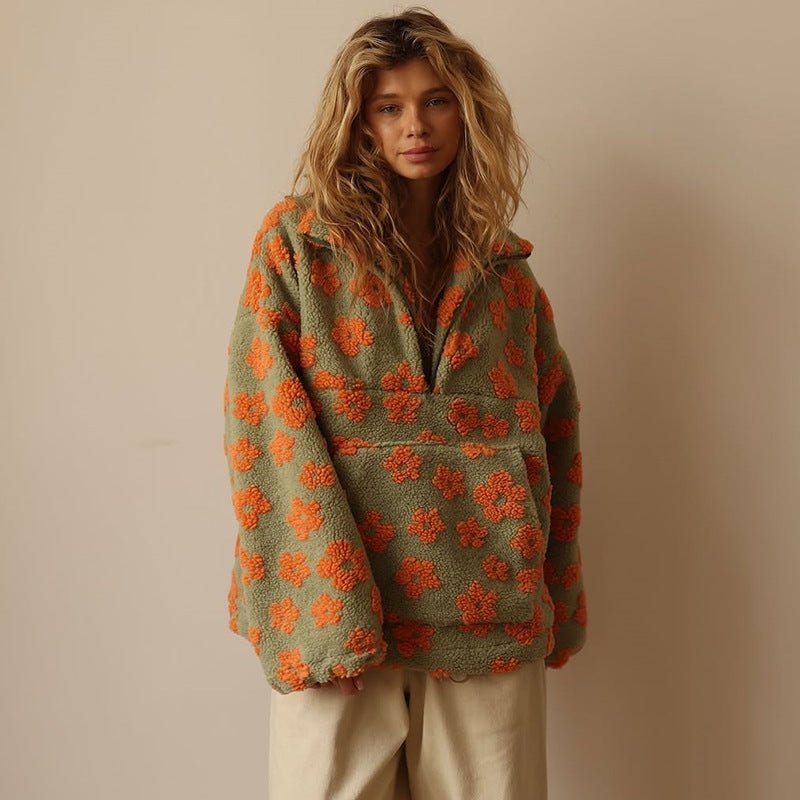 Oversized Floral Teddy Fleece Half Zip Sweatshirt