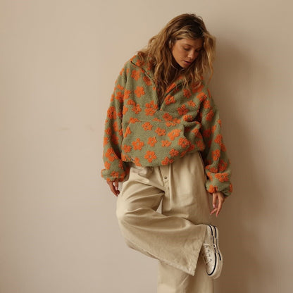Oversized Floral Teddy Fleece Half Zip Sweatshirt
