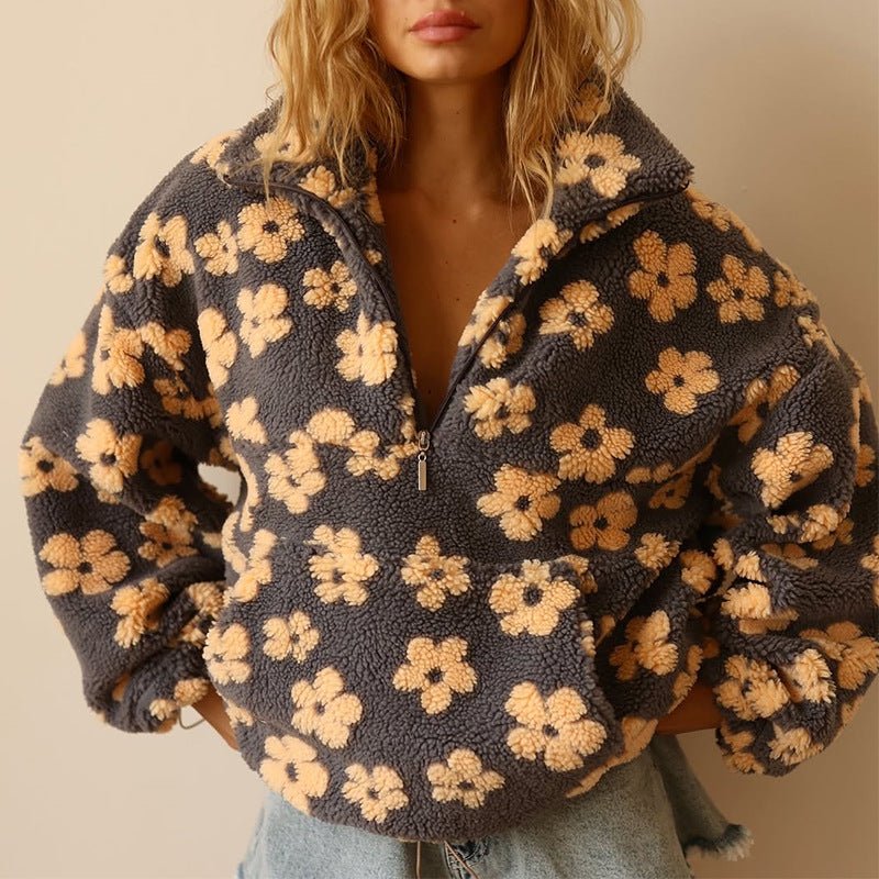 Oversized Floral Teddy Fleece Half Zip Sweatshirt