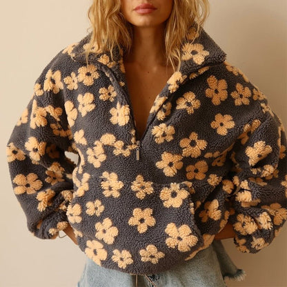 Oversized Floral Teddy Fleece Half Zip Sweatshirt