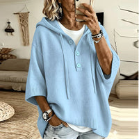 Oversized Hooded Sweater with Button Placket and Wide Sleeves
