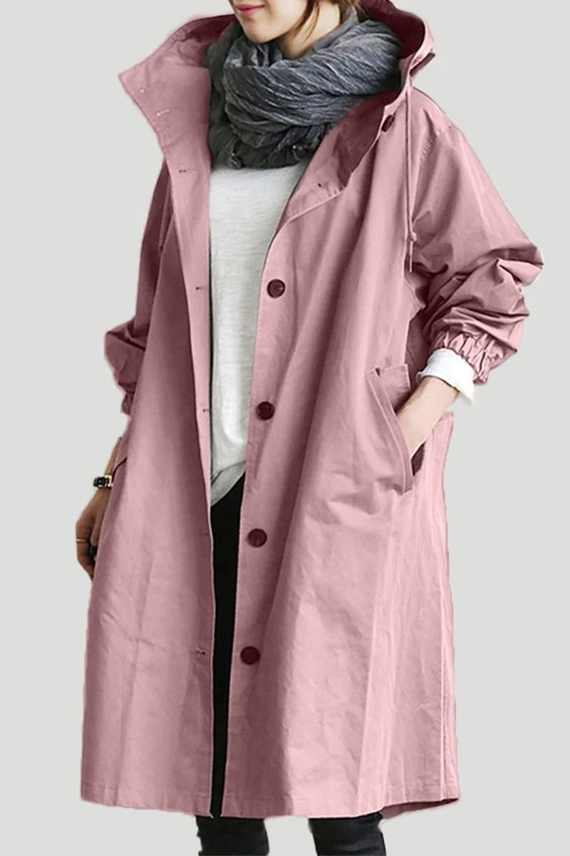 Oversized Hooded Trench Coat with Button Front and Elasticated Cuffs