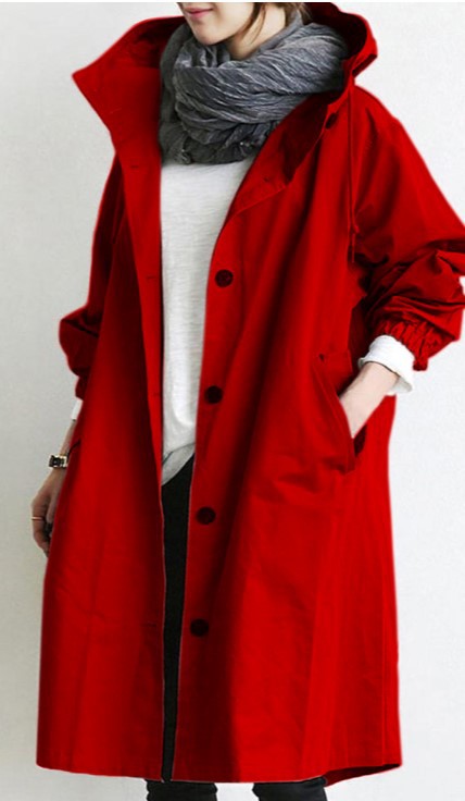 Oversized Hooded Trench Coat with Button Front and Elasticated Cuffs