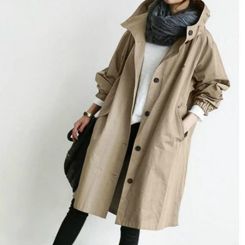 Oversized Hooded Trench Coat with Button Front and Elasticated Cuffs