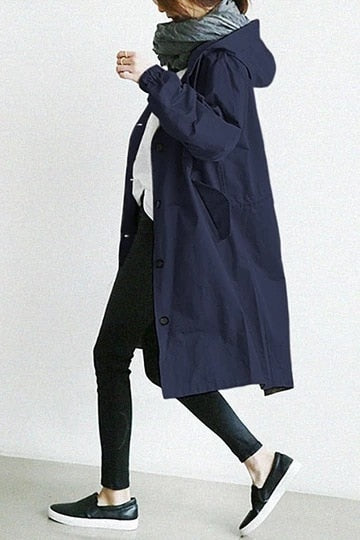 Oversized Hooded Trench Coat with Button Front and Elasticated Cuffs