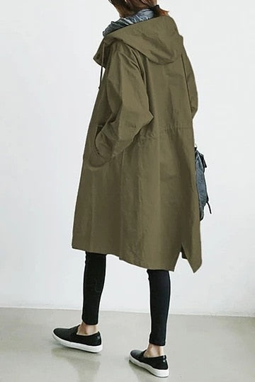Oversized Hooded Trench Coat with Button Front and Elasticated Cuffs