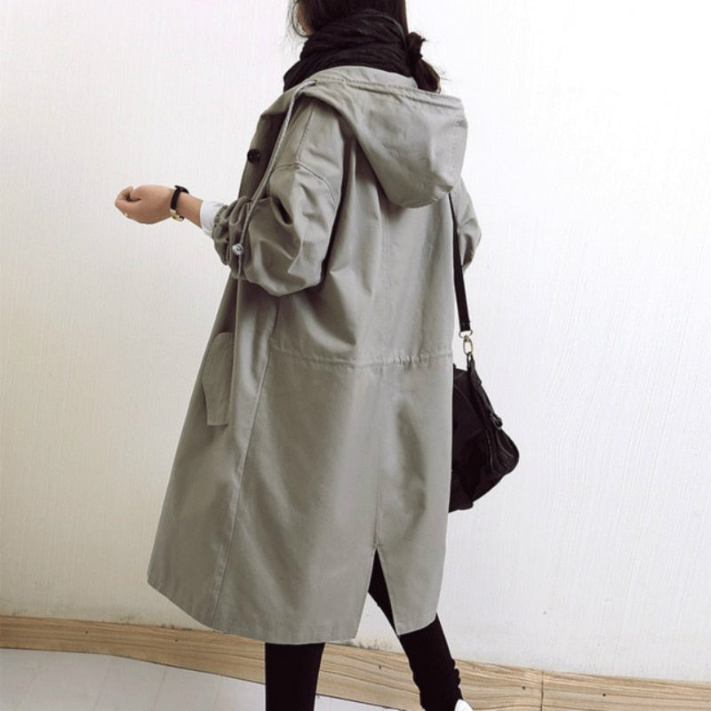 Oversized Hooded Trench Coat with Button Front and Elasticated Cuffs