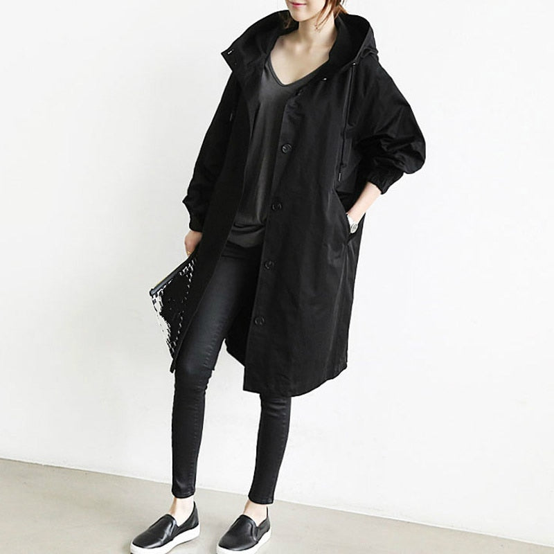 Oversized Hooded Trench Coat with Button Front and Elasticated Cuffs