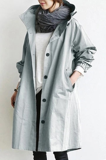 Oversized Hooded Trench Coat with Button Front and Elasticated Cuffs