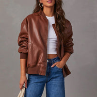 Oversized Leather Bomber Jacket with Ribbed Trim