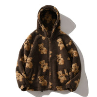 Oversized Teddy Fleece Jacket with Hood and Bear Print