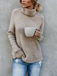 Oversized Turtleneck Sweater with Side Splits and Ribbed Hem