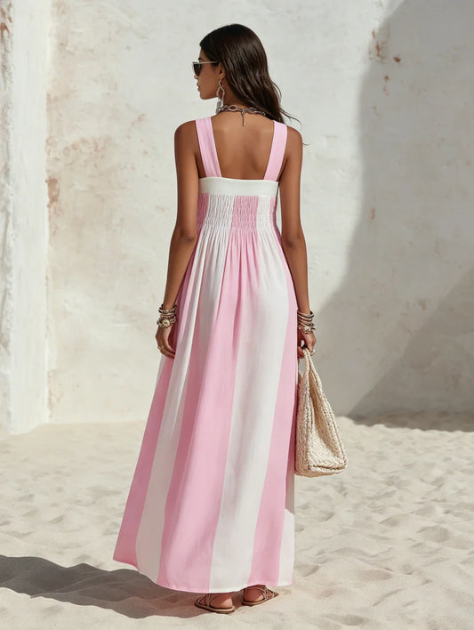 Pink Striped Smocked Maxi Dress with Square Neck and Wide Straps