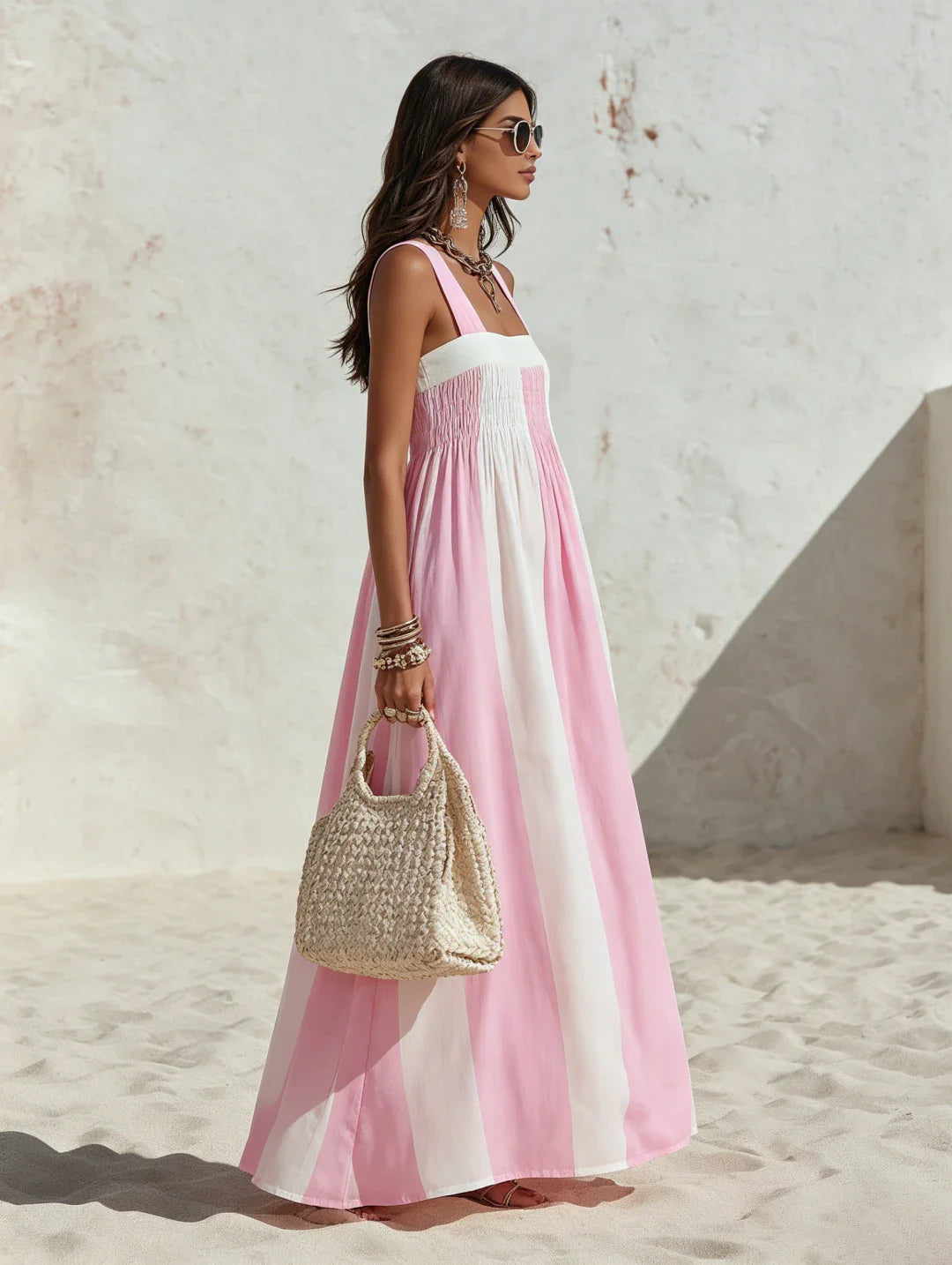 Pink Striped Smocked Maxi Dress with Square Neck and Wide Straps