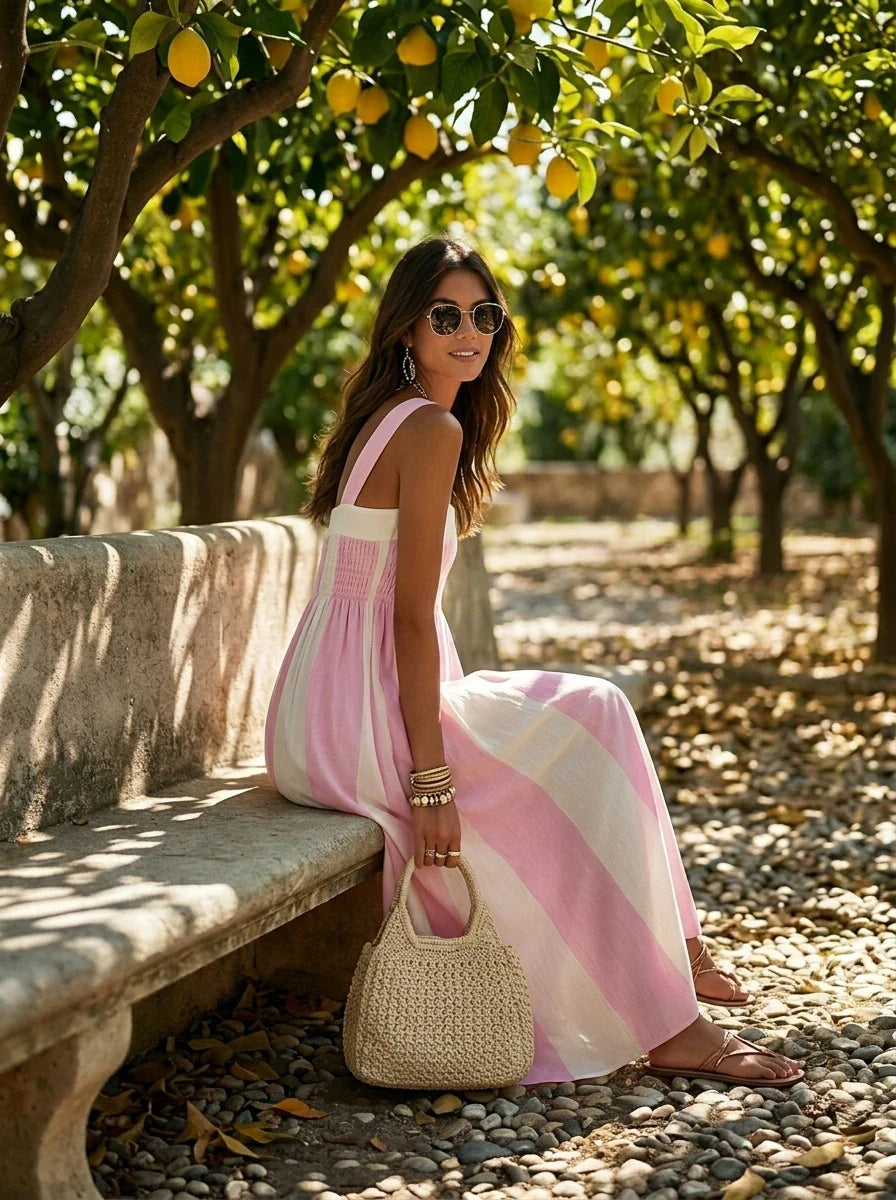 Pink Striped Smocked Maxi Dress with Square Neck and Wide Straps