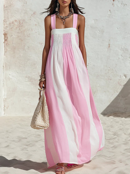 Pink Striped Smocked Maxi Dress with Square Neck and Wide Straps