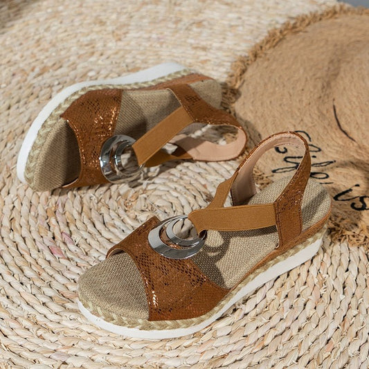 Platform Espadrille Sandals with Elastic Strap and Metal Buckle Detail