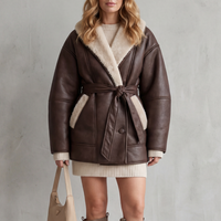 Plush Belted Leather Jacket with Sherpa Collar and Cuffs