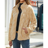 Plush Fleece Jacket with Checkerboard Texture and Stand Collar