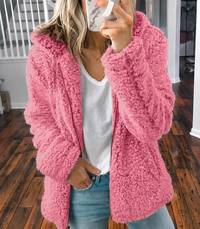 Plush Hooded Teddy Fleece Jacket with Side Pockets
