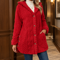 Plush Hooded Teddy Jacket with Diamond Texture and Gold Buttons