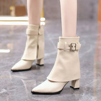 Pointed Toe Leather Ankle Boots with Folded Cuff and Buckle Strap