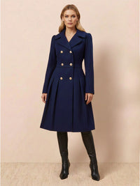 Polished Double Breasted Wool Coat with Gold Buttons and Pleated Skirt