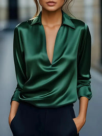Polished Satin Blouse with Deep V-Neckline and Collar