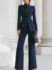 Polished Two Piece Blazer and Wide Leg Trousers Set with Stand Collar