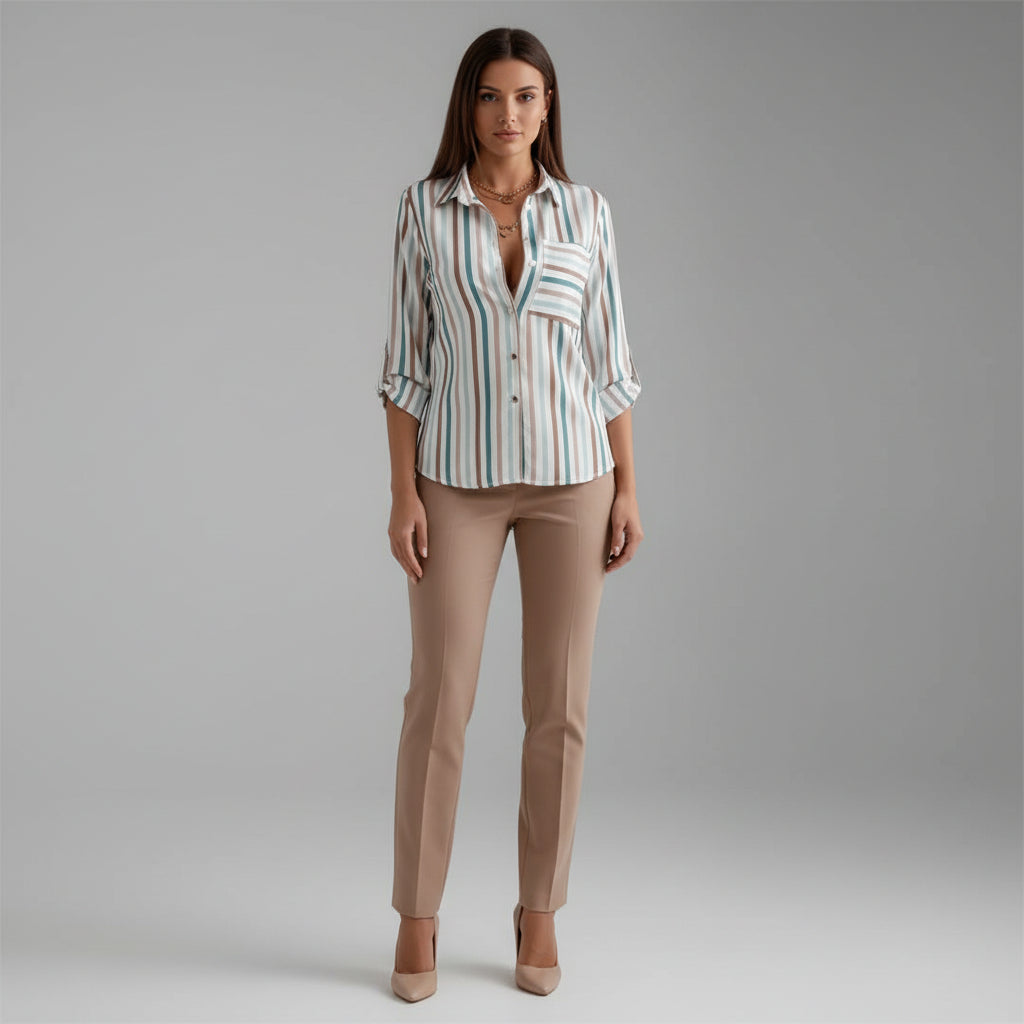 Printed Satin Blouse with Classic Collar and Roll-Up Sleeves