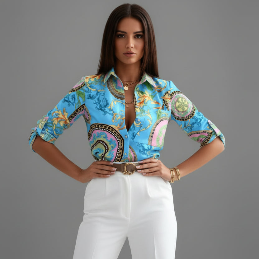 Printed Satin Blouse with Classic Collar and Roll-Up Sleeves