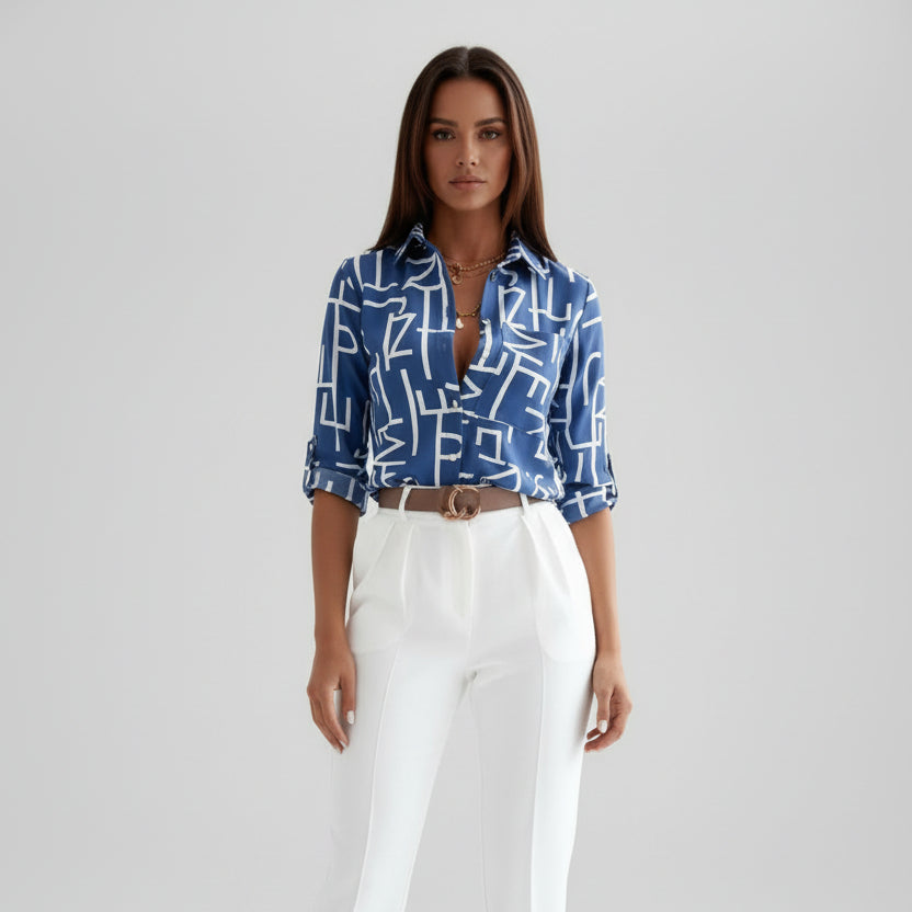 Printed Satin Blouse with Classic Collar and Roll-Up Sleeves