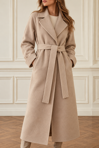 Refined Belted Wool Wrap Coat with Wide Collar