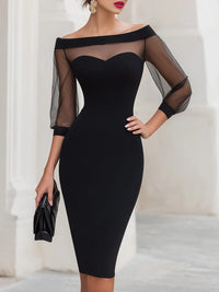 Refined Black Bodycon Midi Dress with Mesh Sleeves and Sweetheart Neckline
