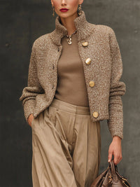 Refined Cropped Cardigan with Stand Collar and Gold Buttons