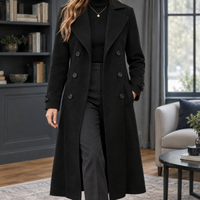 Refined Double Breasted Long Wool Coat with Wide Collar