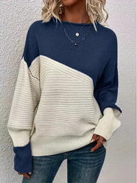 Relaxed Colour Block Ribbed Sweater with Drop Shoulder