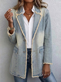 Relaxed Denim Blazer with Contrast Frayed Trim and Flap Pockets