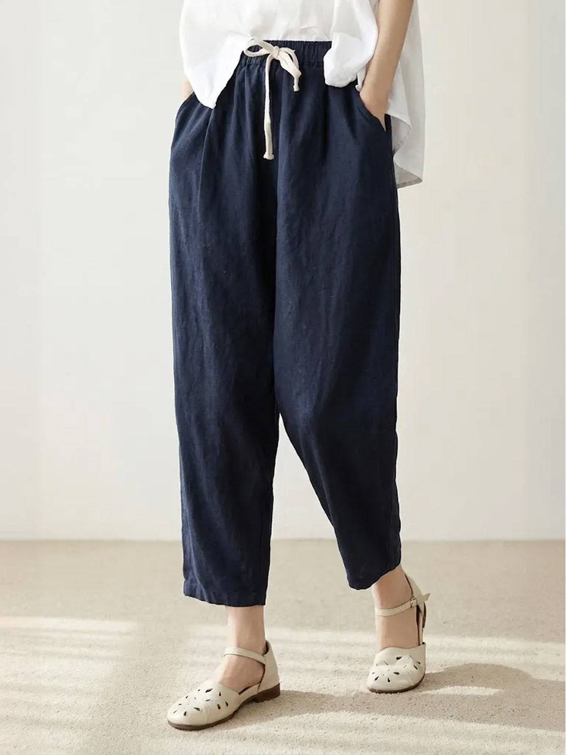 Relaxed Fit Cropped Linen Trousers with Drawstring Waist