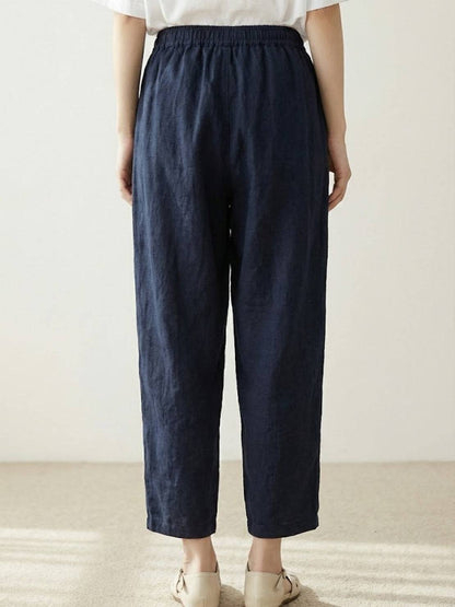 Relaxed Fit Cropped Linen Trousers with Drawstring Waist