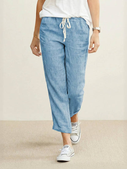 Relaxed Fit Cropped Linen Trousers with Drawstring Waist