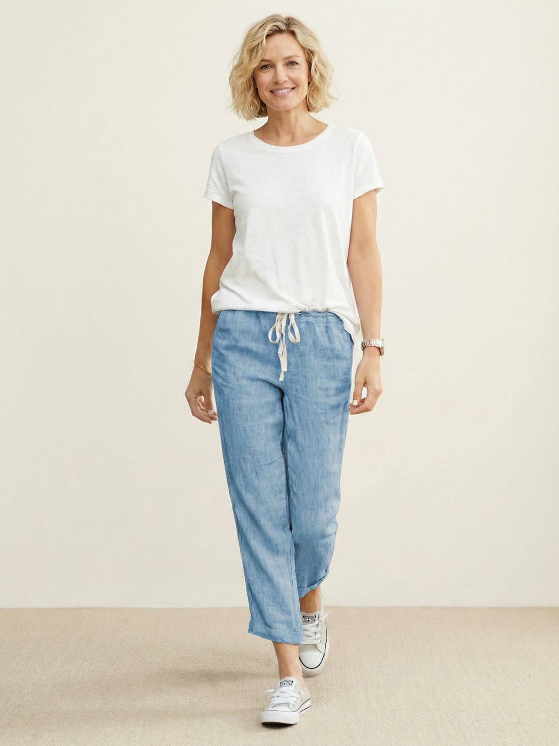 Relaxed Fit Cropped Linen Trousers with Drawstring Waist