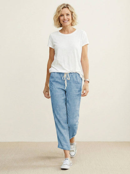 Relaxed Fit Cropped Linen Trousers with Drawstring Waist