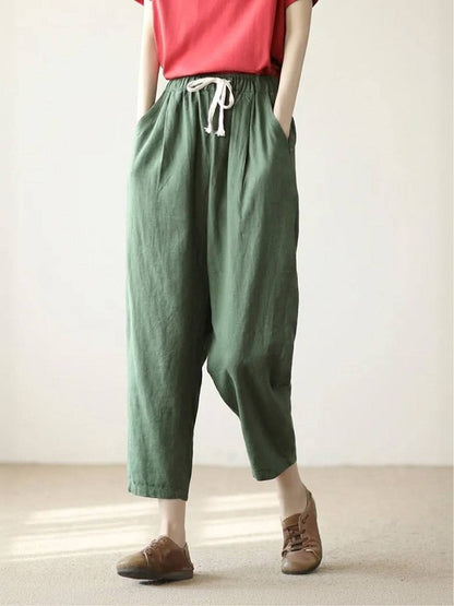 Relaxed Fit Cropped Linen Trousers with Drawstring Waist